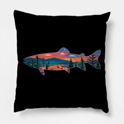 Trout Silhouette Fly Fishing Mountain Sunset River Throw Pillow Official Fishing Merch