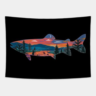 Trout Silhouette Fly Fishing Mountain Sunset River Tapestry Official Fishing Merch