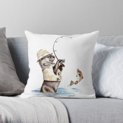 Nature'S Fisherman - Otter Trout Fishing Throw Pillow Official Fishing Merch